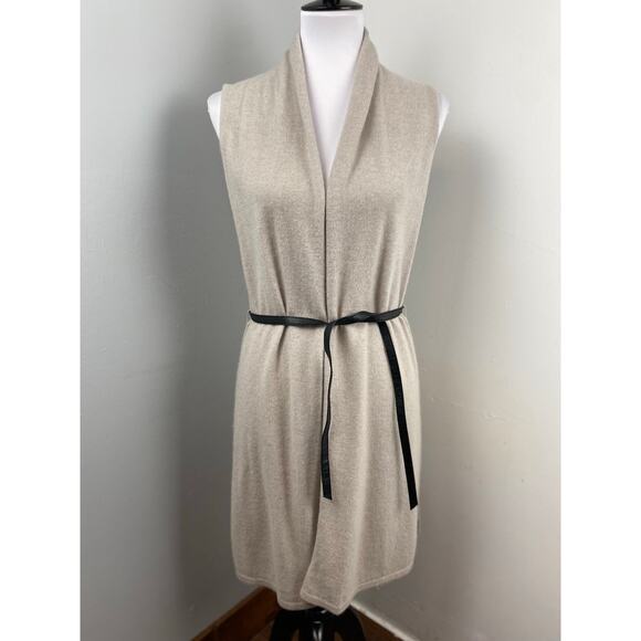 Tahari Tan Cashmere Long Sweater Vest Open Cardigan Women Small Belted Pure Lux - Picture 1 of 7